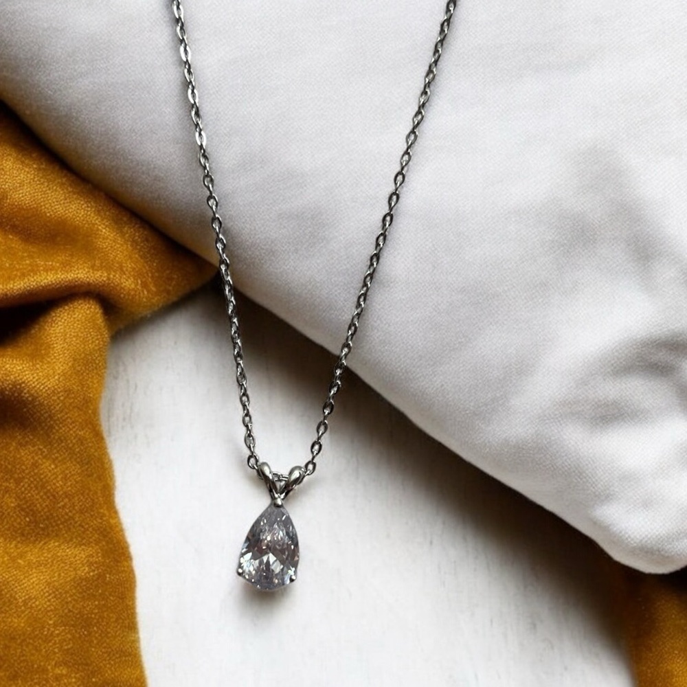 Silver Plated Teardrop Cubic Zirconia Pendant Necklace